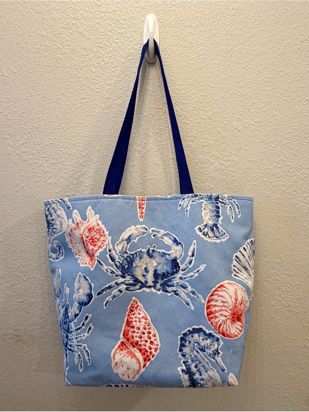 Blue Coastal Crab Print Tote Bag with Navy Straps